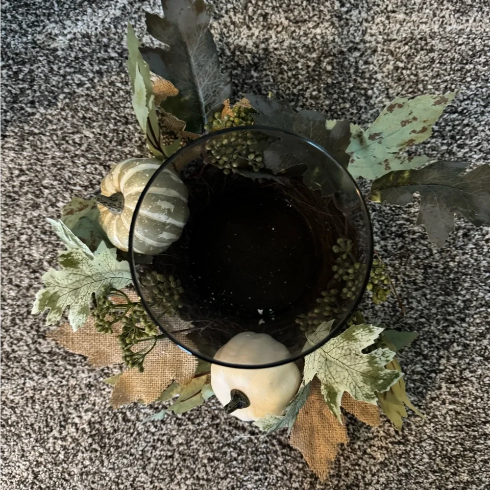 Autumn Harvest Glass Candle Holder with Green and Cream Accents
